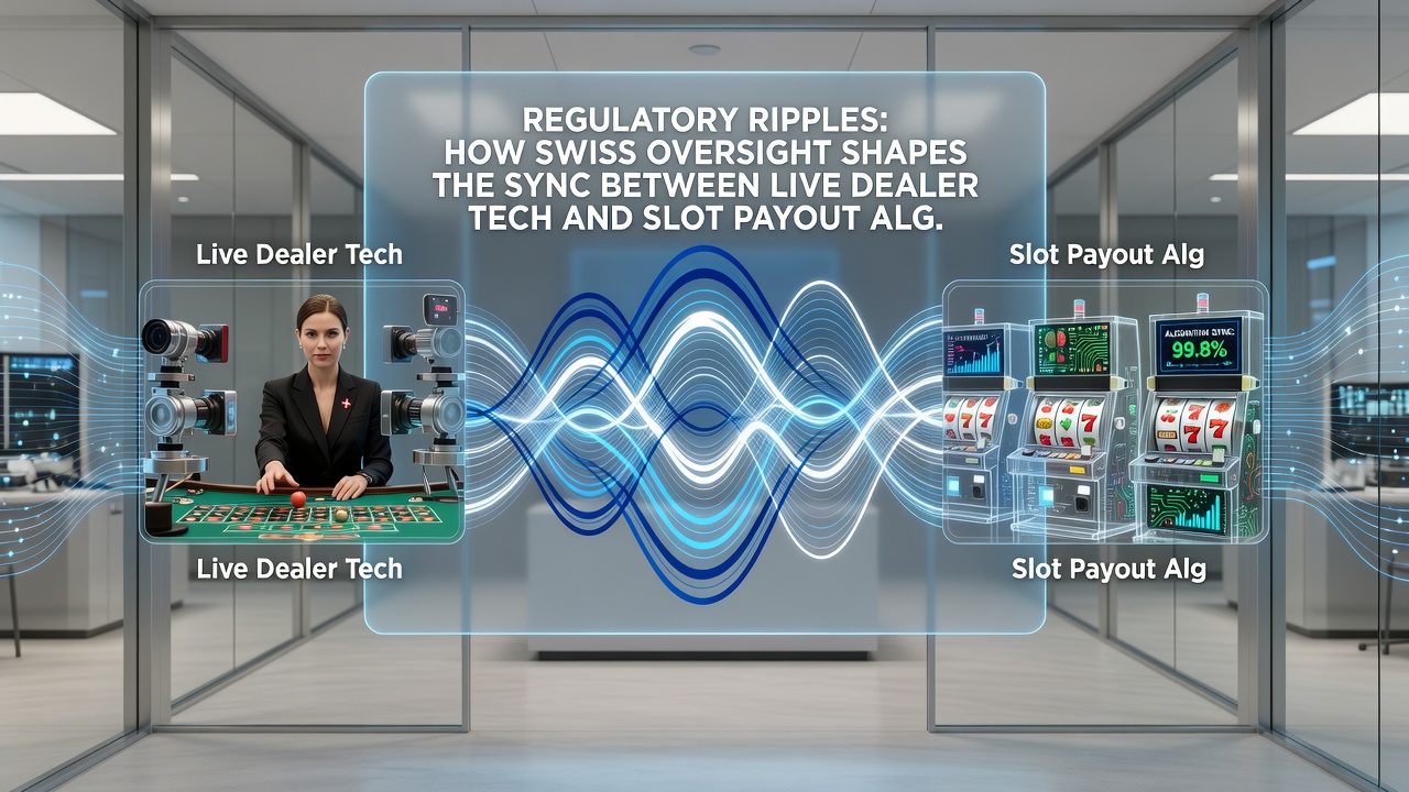 Technical integration diagram illustrating Swiss compliance layers linking live dealer streams with slot algorithms